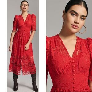 HUNTER BELL Red Lace Midi Dress